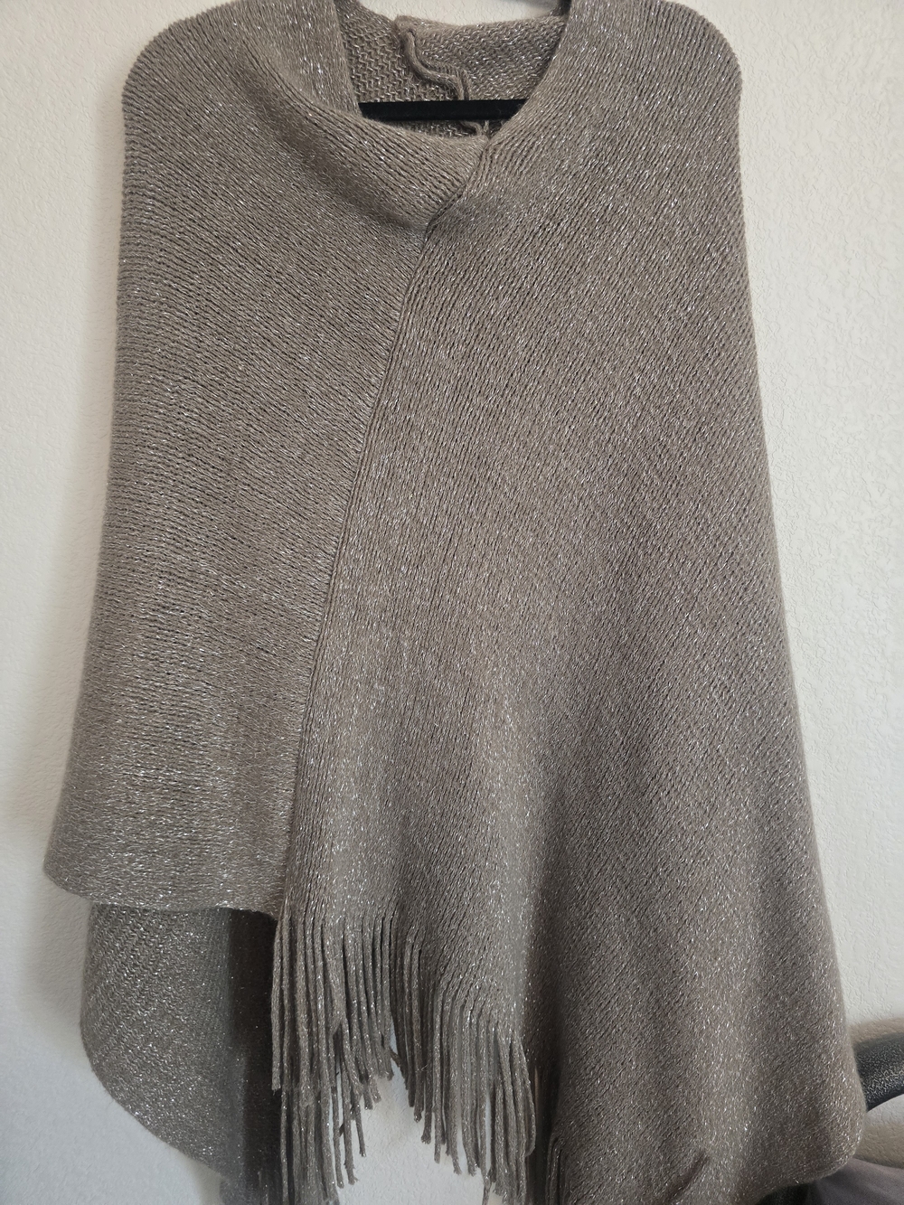 Taupe Metallic Fringe Knit Poncho - Onesize